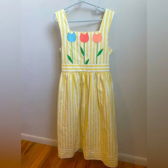 Sylvia Whyte Vintage Yellow & White Striped Dress with Tulips Size 10 - Picture 1 of 5
